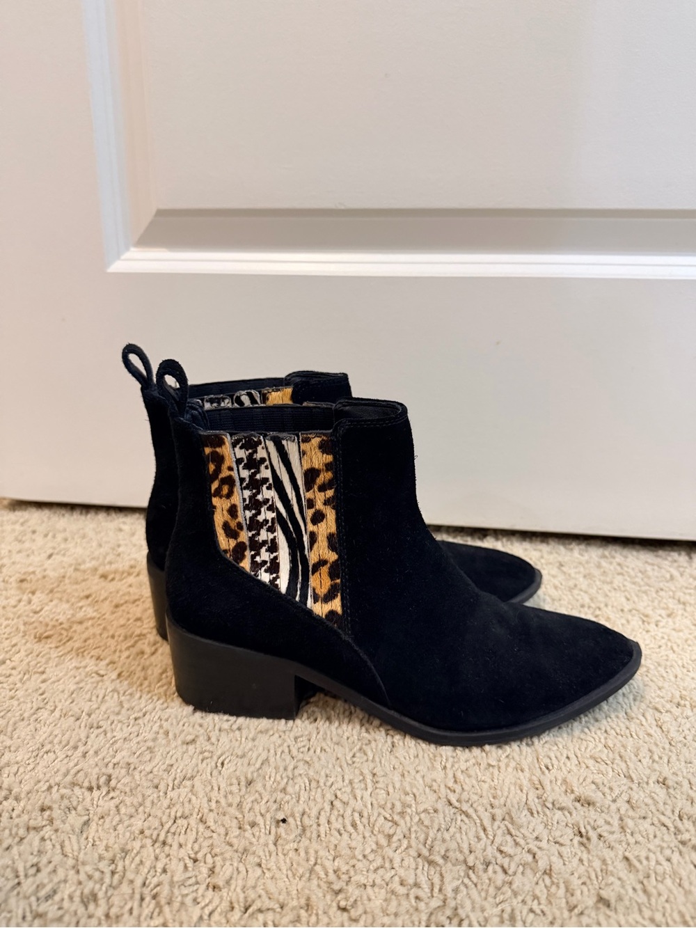 Crown Vintage Black Suede Ankle Boots with Leopard-Zebra Print Panel